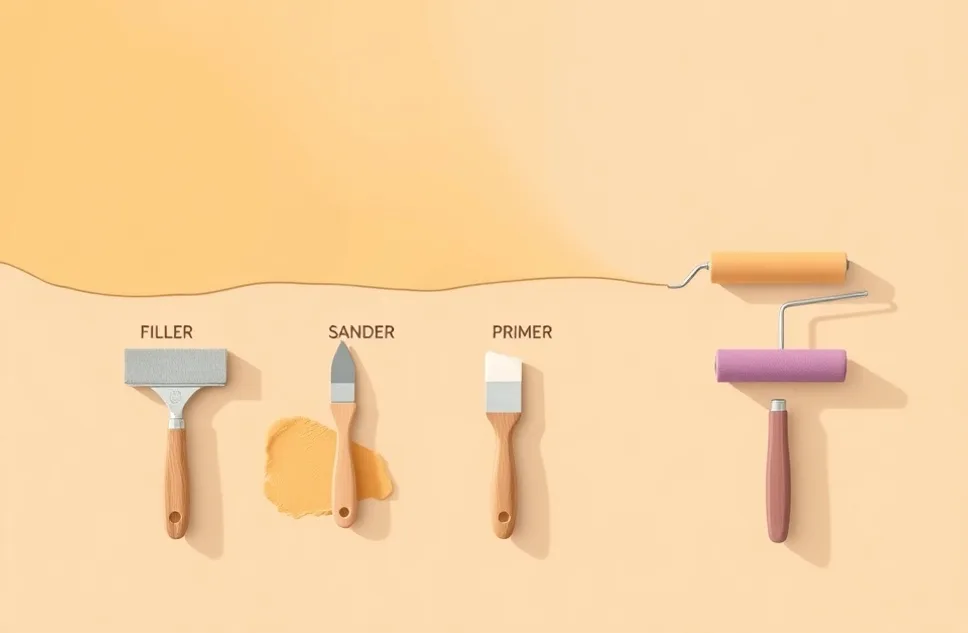 Outils de peinture disposés dans l'ordre des étapes du chantier