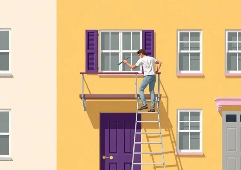 Peintre sur échafaudage traitant la façade d'une maison