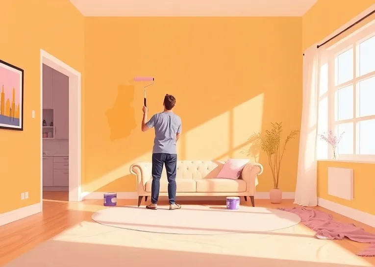 Peintre appliquant la peinture au rouleau sur un mur de salon